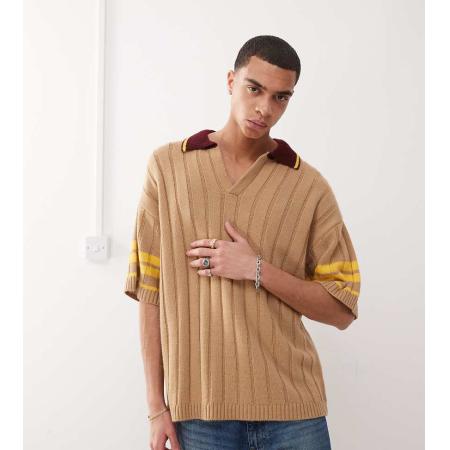 COLLUSION - Gebreid oversized overhemd met kraagje in bruin