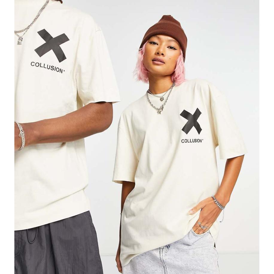 COLLUSION Unisex Katoenen T-shirt met logo in gebroken wit Wit