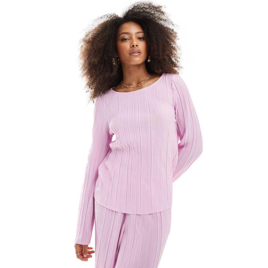 Pieces Plissé top met lange mouwen in lichtroze, deel van co-ord set Roze