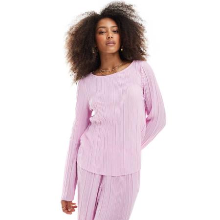 Pieces Plissé top met lange mouwen in lichtroze, deel van co-ord set