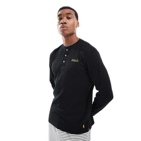 Polo Ralph Lauren - Henley lounge-T-shirt met lange mouwen en wafelstructuur in zwart met gouden logo