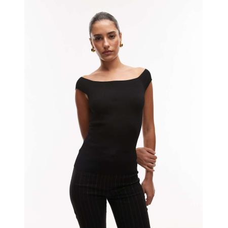 ARKET Gebreide top met structuur, blote schouder en hartvormige halslijn in zwart