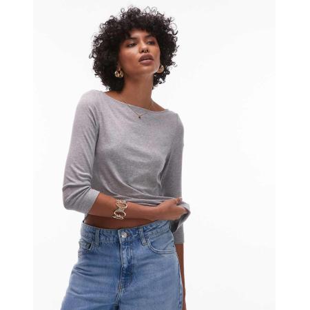 ARKET Soepele top van geribbelde jersey met boothals en 3/4 mouwen in gemêleerd grijs