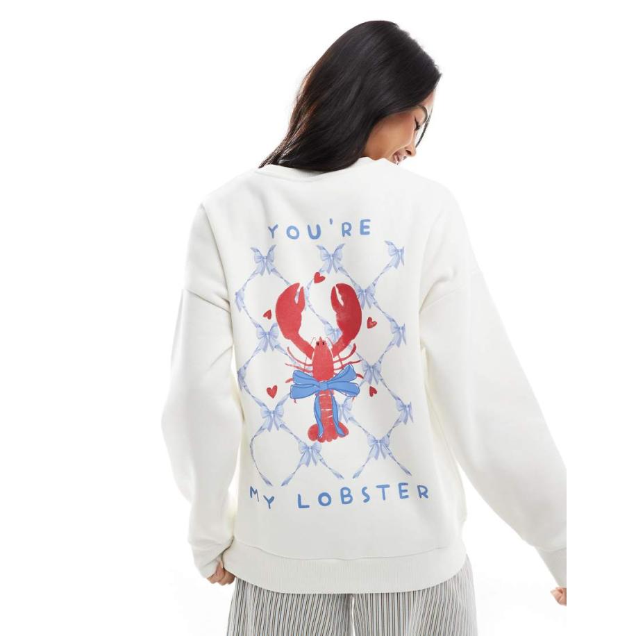 Miss Selfridge Oversized sweater met 'You're my lobster'-en strikprint-Wit Wit