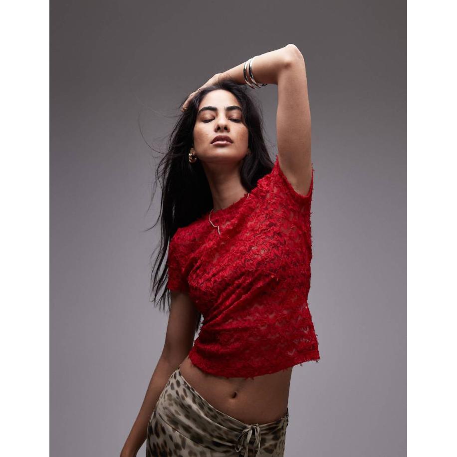 Topshop Kanten T-shirt met textuur in rood Rood