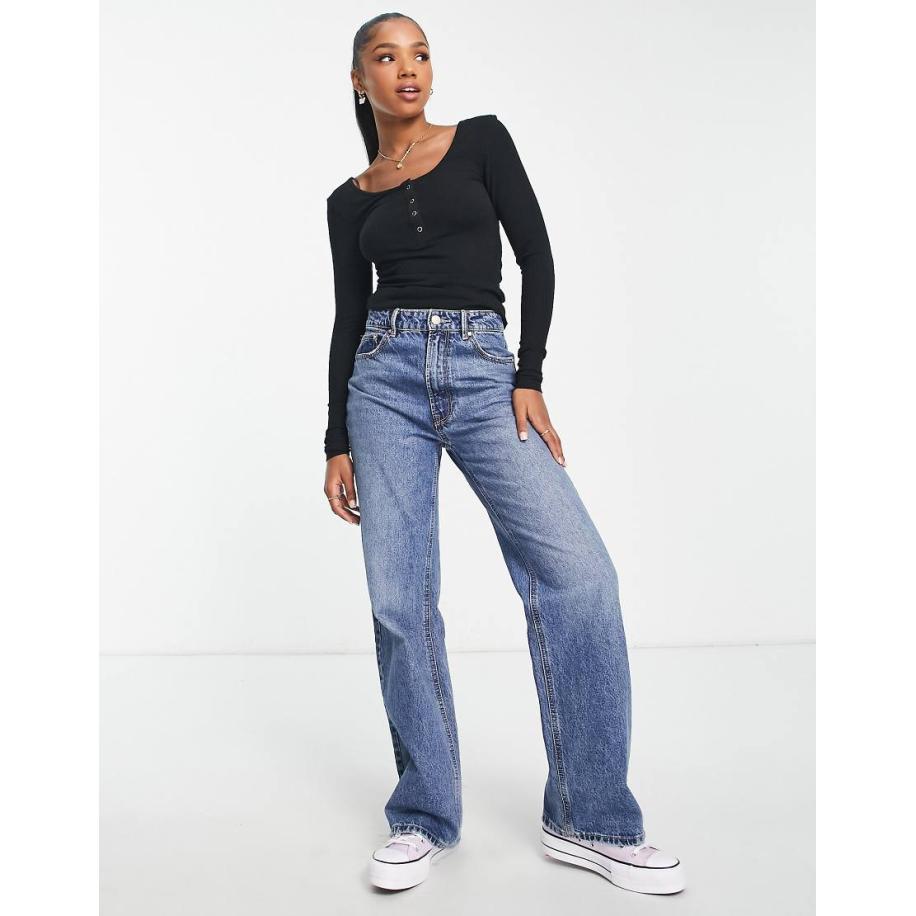 Pieces Geribbelde top met drukknopen in zwart Zwart