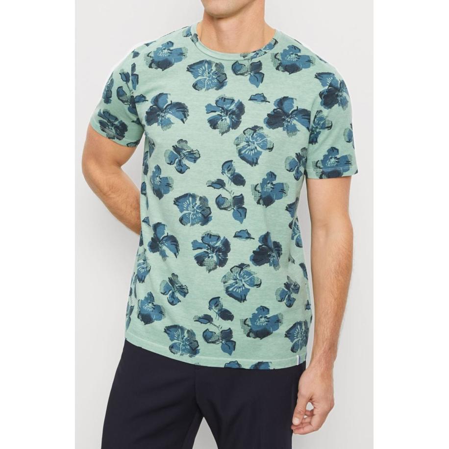 OLYMP Casual T-Shirt smaragd, Bloemen Blauw
