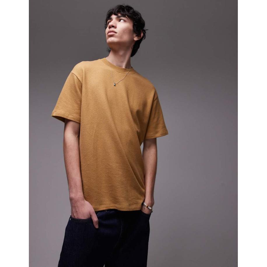 Topman - Oversized T-shirt van linnenmix in mosterdgeel Geel