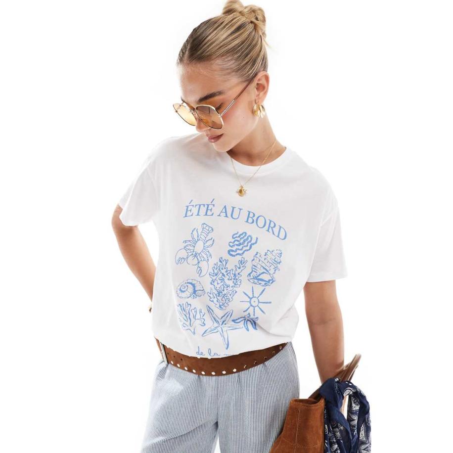 Pieces Oversized T-shirt met grafische print van schelpen in wit Wit