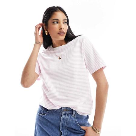 Pieces Gestreept T-shirt met omgevouwen mouwen in pastel lila-Veelkleurig