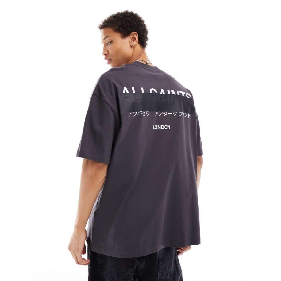 AllSaints - Redact - Oversized T-shirt met geborduurd logo in zwarte wassing Zwart