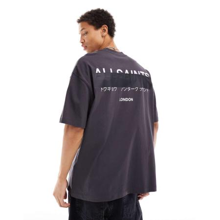 AllSaints - Redact - Oversized T-shirt met geborduurd logo in zwarte wassing