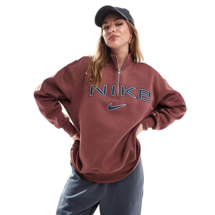 Nike Top met swoosh-logo, lange mouwen en korte rits in bordeauxrood Rood