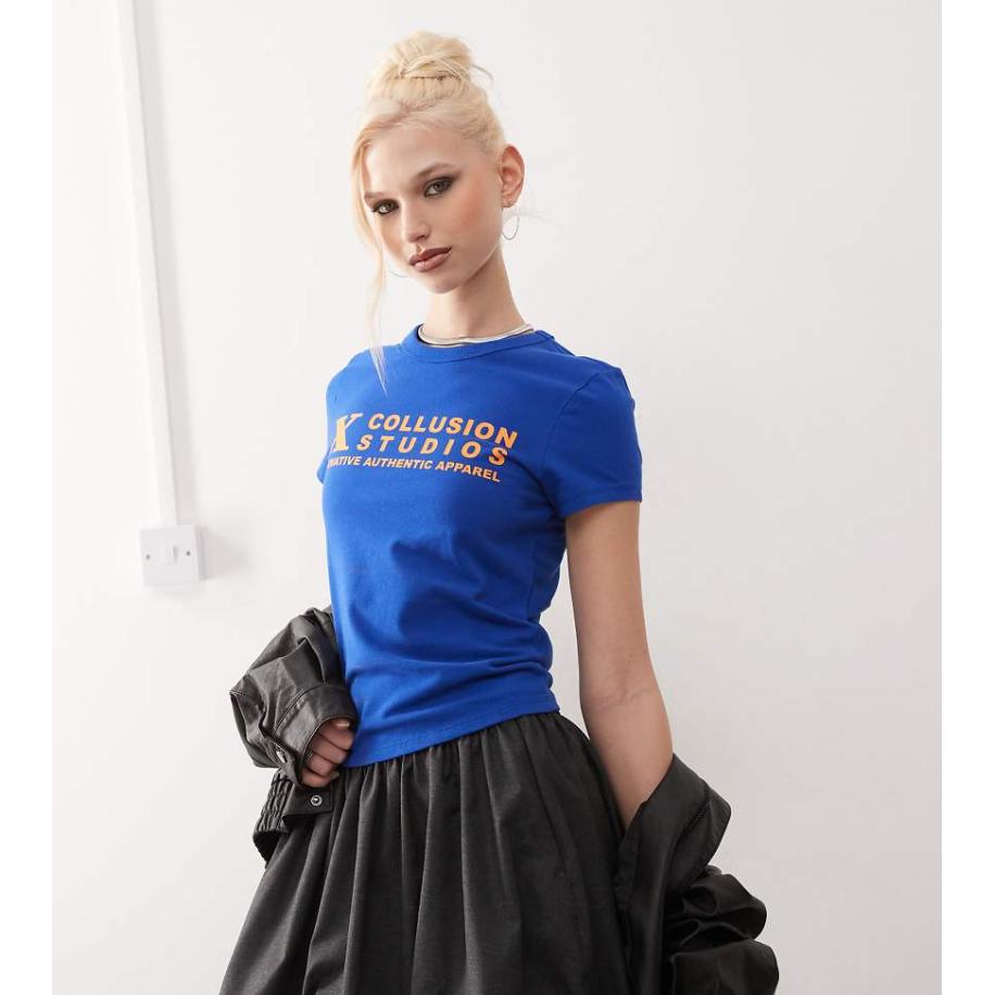 COLLUSION Gekrompen T-shirt met korte mouwen en logo-Blauw Blauw