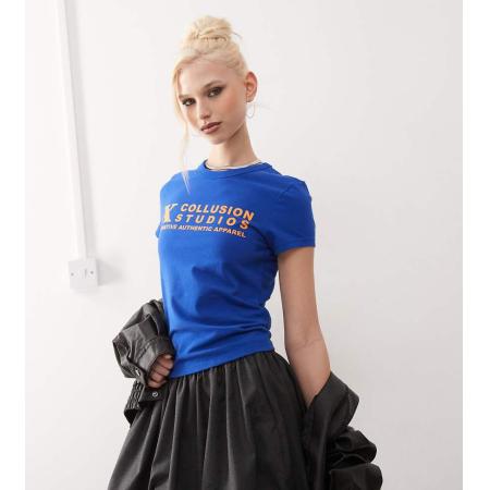 COLLUSION Gekrompen T-shirt met korte mouwen en logo-Blauw