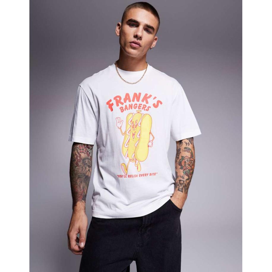 HUGO Blue - T-shirt met hotdog-print in wit Wit