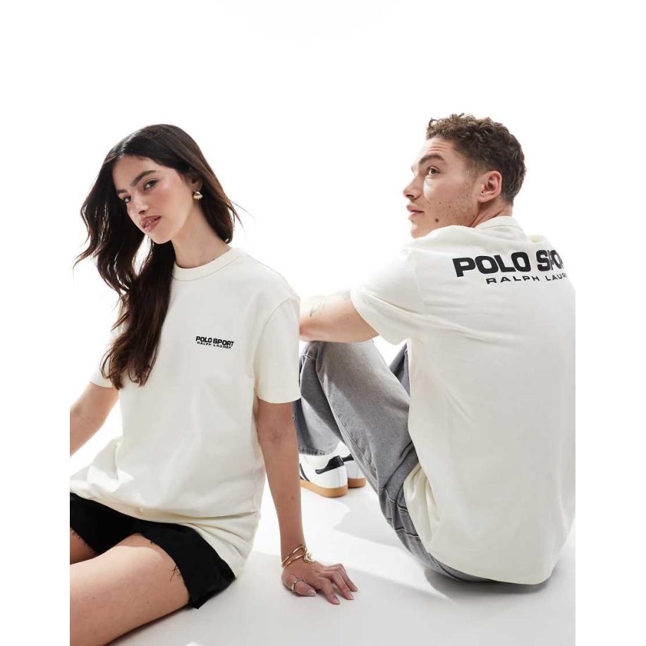 Polo Ralph Lauren - Sport Capsule - Uniseks T-shirt van zware stof met logo op de voor- en achterkant en print in crème-Wit Wit