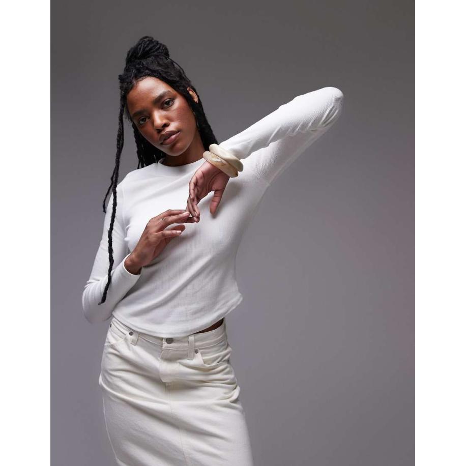Topshop Geribbeld T-shirt met lange mouwen en ronde zoom in wit Wit