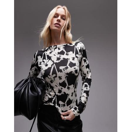 Topshop Top van microvezel met bloemenprint en lange mouwen in zwart-wit