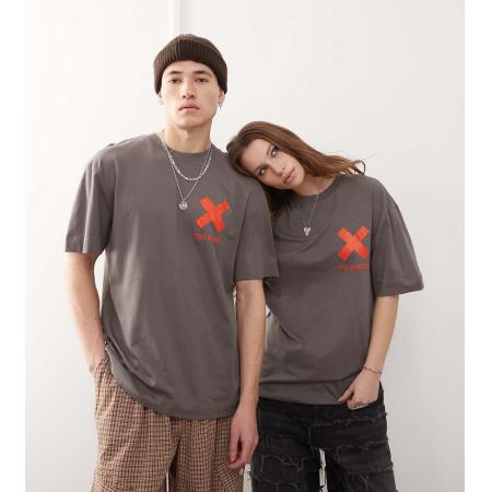 COLLUSION Unisex - T-shirt met 'X' logo in antracietgrijs en oranje