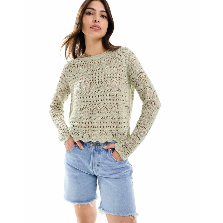 JDY Top met lange mouwen, broderie en boothals in saliegroen Groen