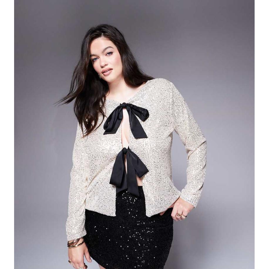 In The Style Plus Top met lovertjes en contrasterende strikken in crème-Wit Wit