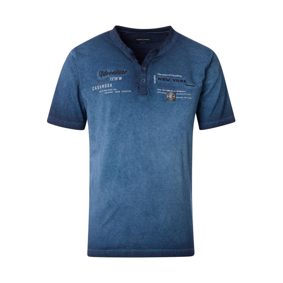 Casa Moda T-Shirt Henley kraag blauw, Bedrukt Blauw