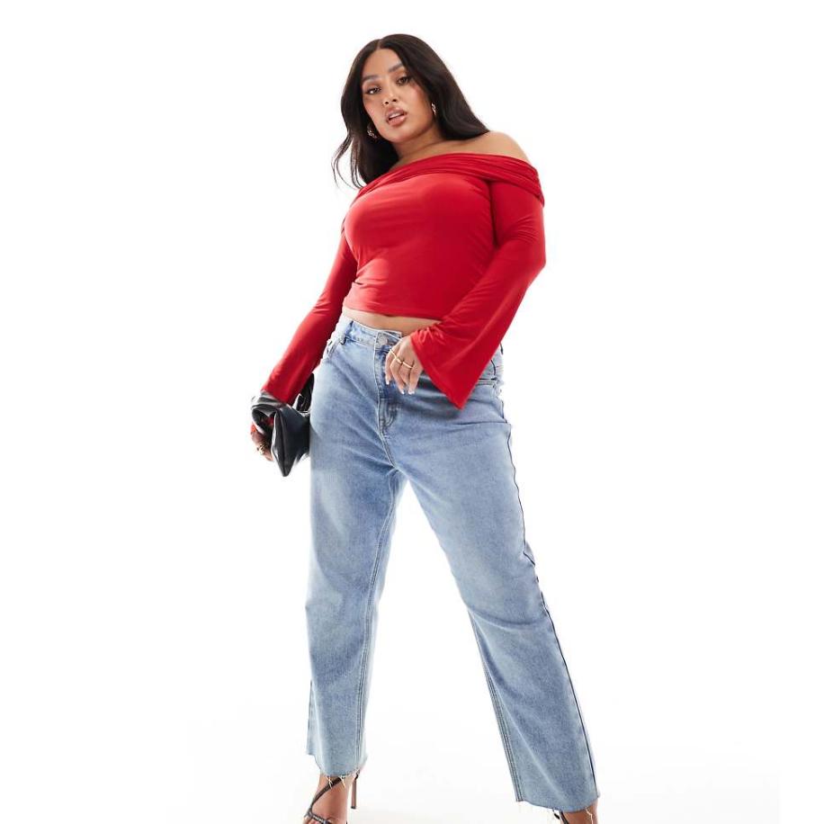 ASOS DESIGN Curve Gladde top met blote schouder in rood Rood