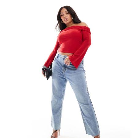 ASOS DESIGN Curve Gladde top met blote schouder in rood