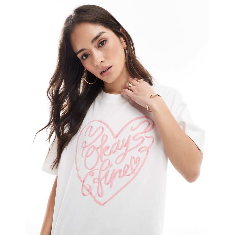 Cotton On Premium Recht T-shirt met print in wit en roze-Grijs Grijs