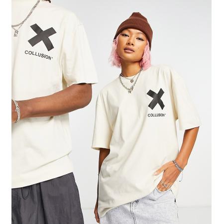 COLLUSION Unisex Katoenen T-shirt met logo in gebroken wit