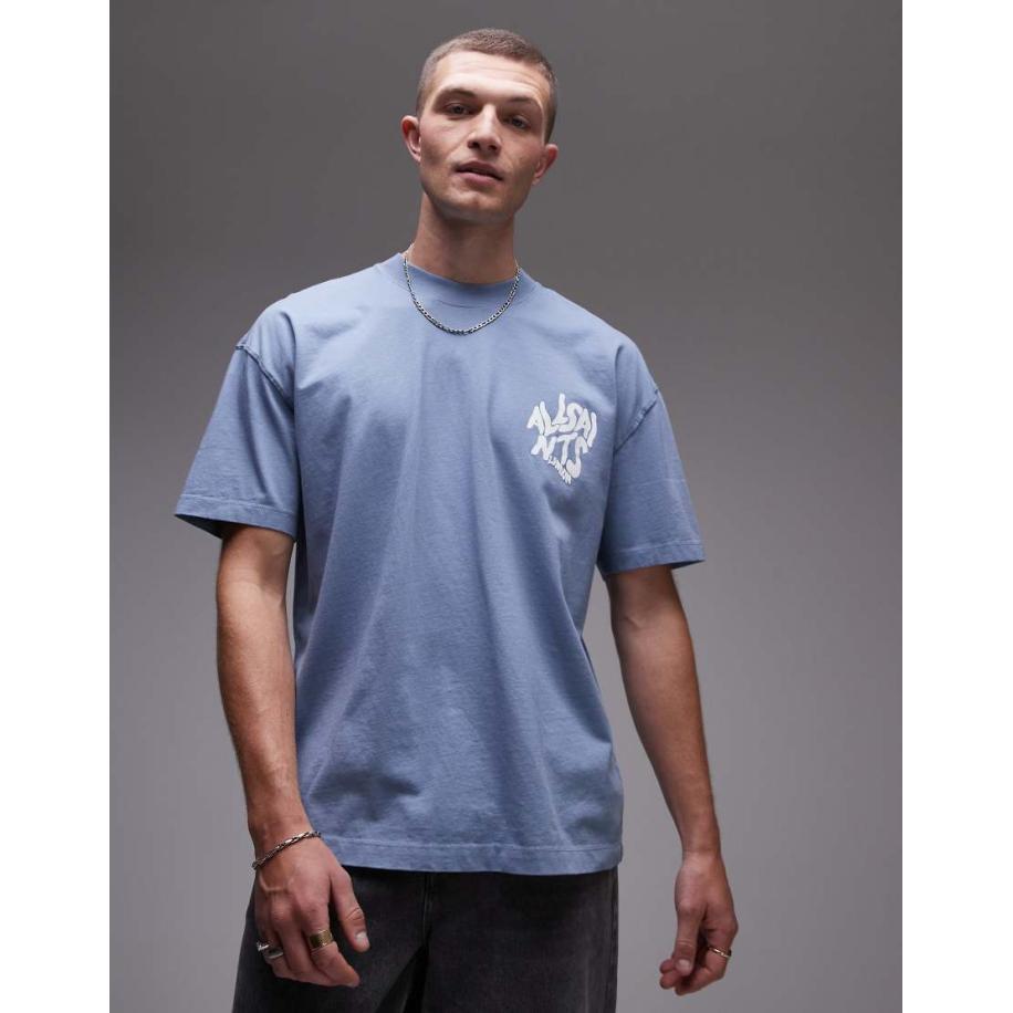 AllSaints - T-shirt met Orlando-print op de achterkant in blauw Blauw