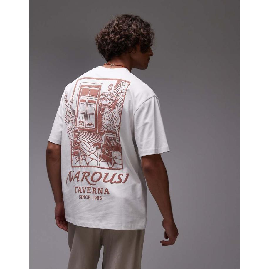 Topman - T-shirt met oversized pasvorm en 'taverna' print op voor- en achterkant in wit Wit