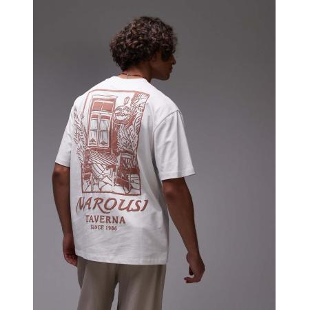 Topman - T-shirt met oversized pasvorm en 'taverna' print op voor- en achterkant in wit