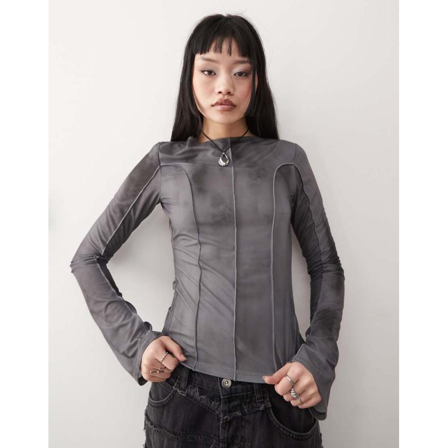 Weekday Top van mesh met vervaagde print en lange mouwen in grijs Grijs