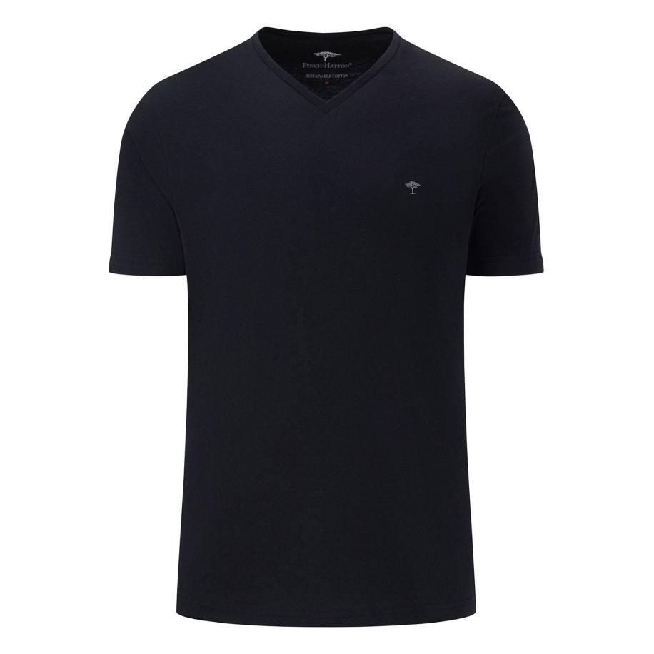 Fynch-Hatton T-Shirt V-hals zwart, Effen Zwart