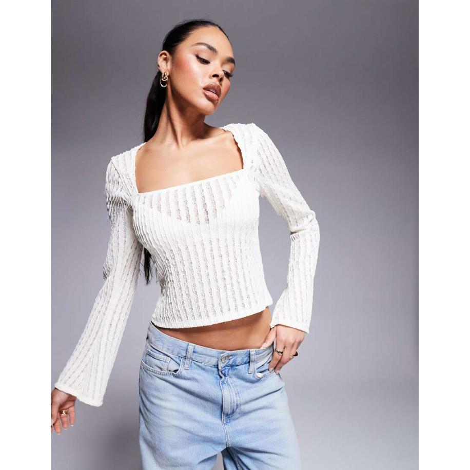 ASOS DESIGN Top met uitlopende mouwen, vierkante hals en open textuur in ivoorwit Wit