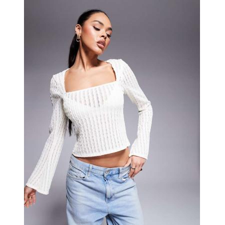 ASOS DESIGN Top met uitlopende mouwen, vierkante hals en open textuur in ivoorwit