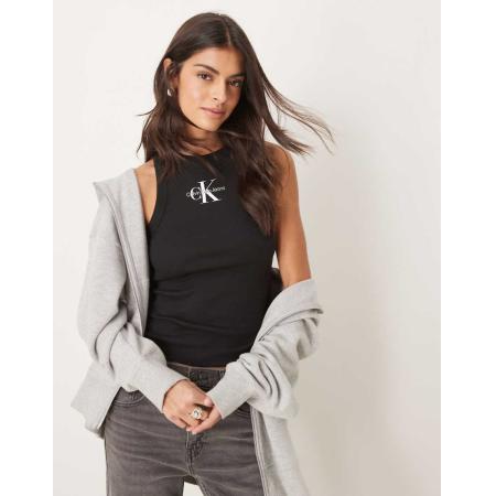 Calvin Klein Jeans Geribbeld hemdje met monologo in zwart