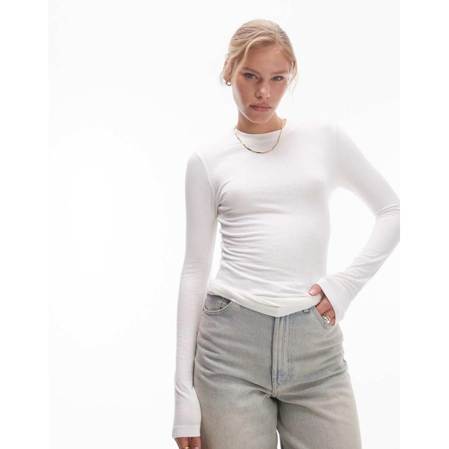 Topshop Premium Geribbelde top met lange mouwen in ecru-Wit Wit