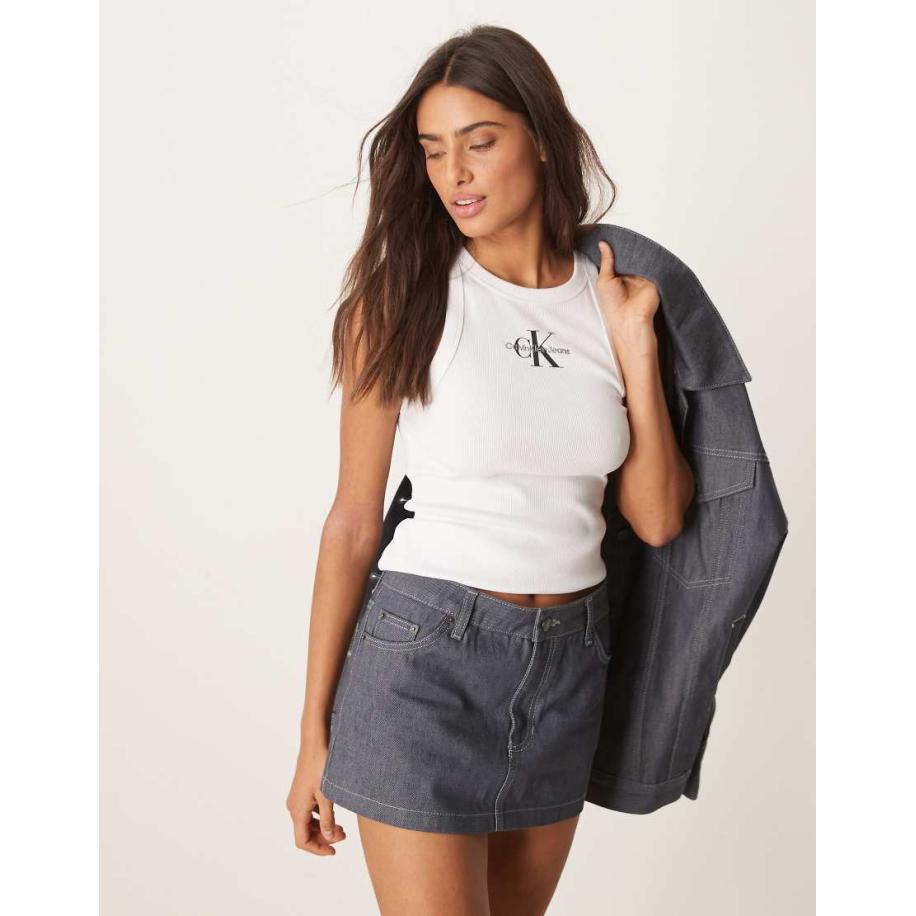 Calvin Klein Jeans Geribbeld hemdje met monologo in wit Wit