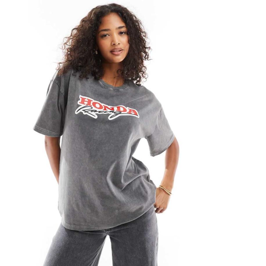 Daisy Street T-shirt met 'Honda Racing' print in grijs met wassing Grijs