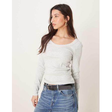 Abercrombie & Fitch Geribbelde top met lange mouwen en lage ronde hals in lichtgrijs