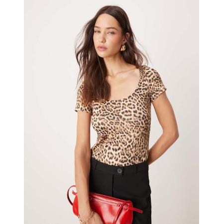 Pimkie Body met lage ronde hals en rug en korte mouwen in luipaardprint-Veelkleurig