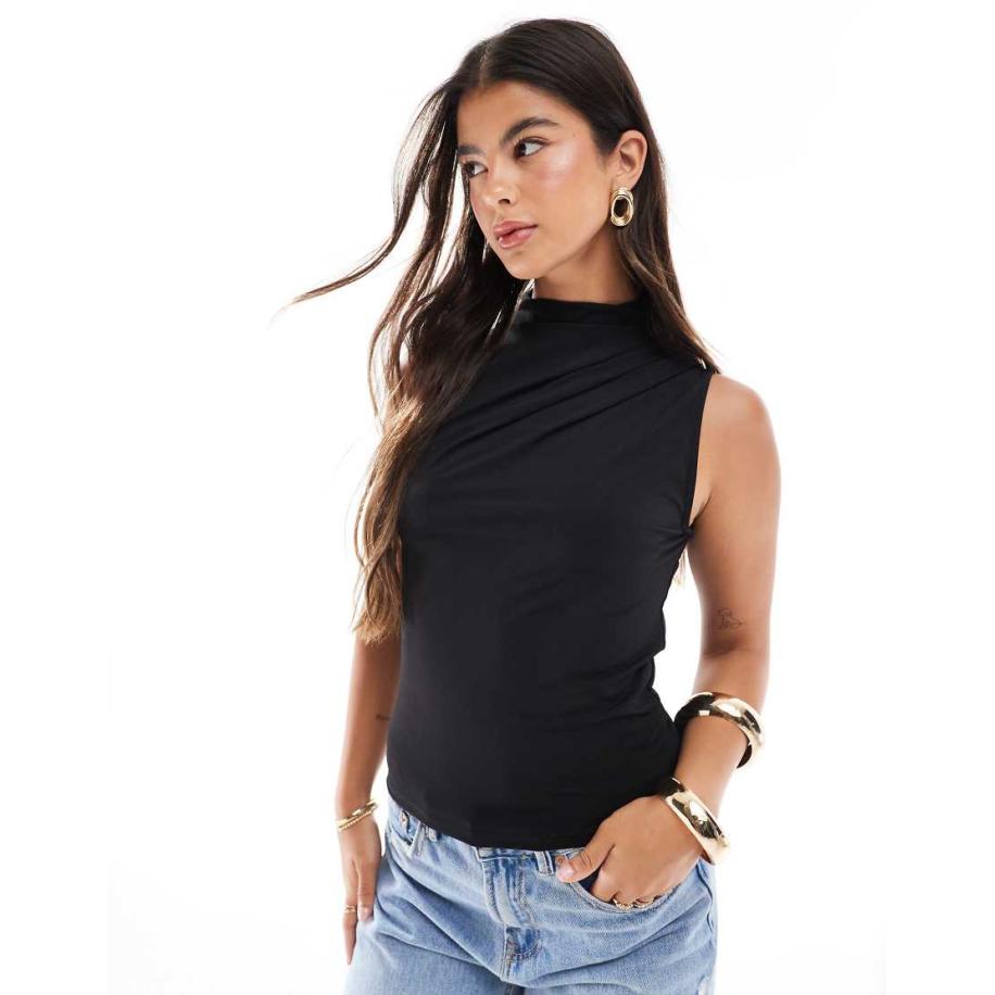 Pieces Mouwloze top met gedrapeerde hals in zwart Zwart