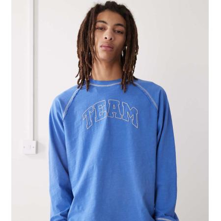 COLLUSION - T-shirt met lange mouwen en varsity-print in blauw