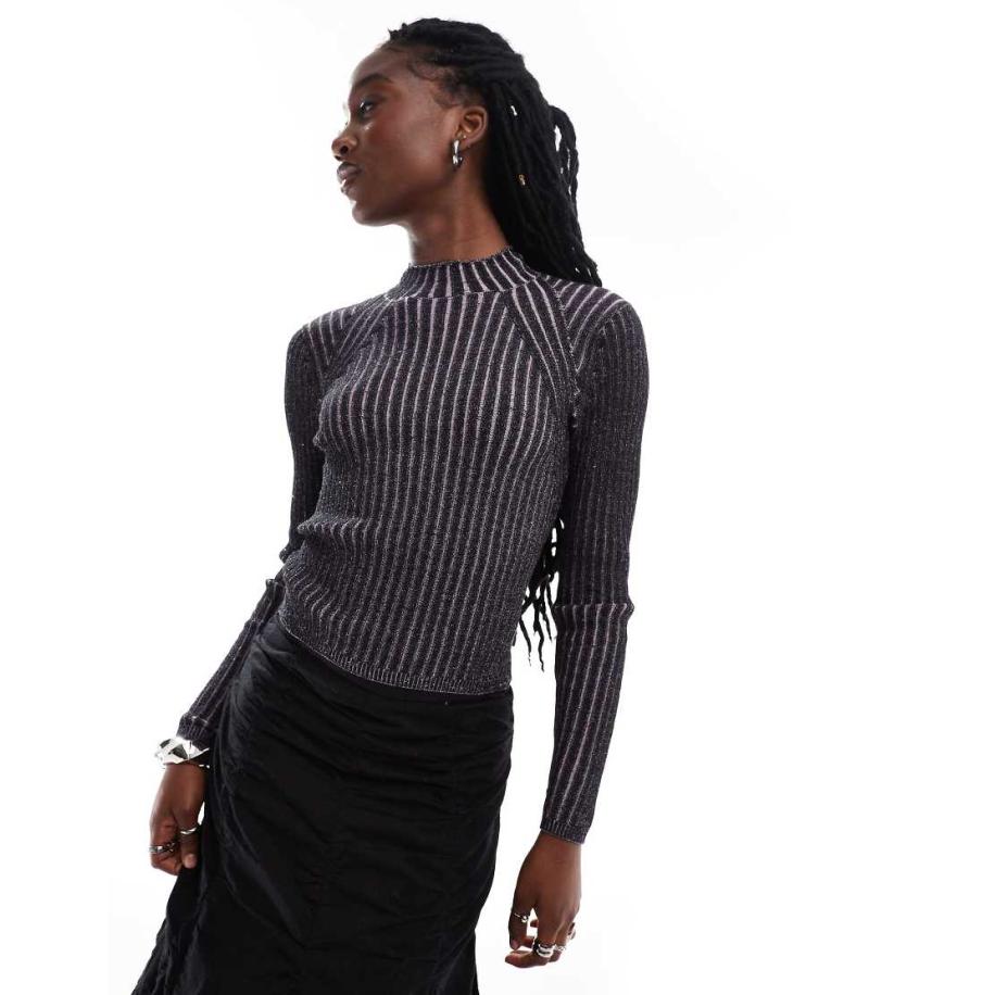 Monki Gebreide tweekleurige top met lange mouwen in zwart en roze-Veelkleurig Multicolor