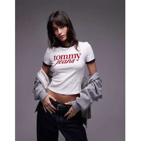 Tommy Jeans T-shirt met gekleurd randje en geschreven logo in gebroken wit en marineblauw