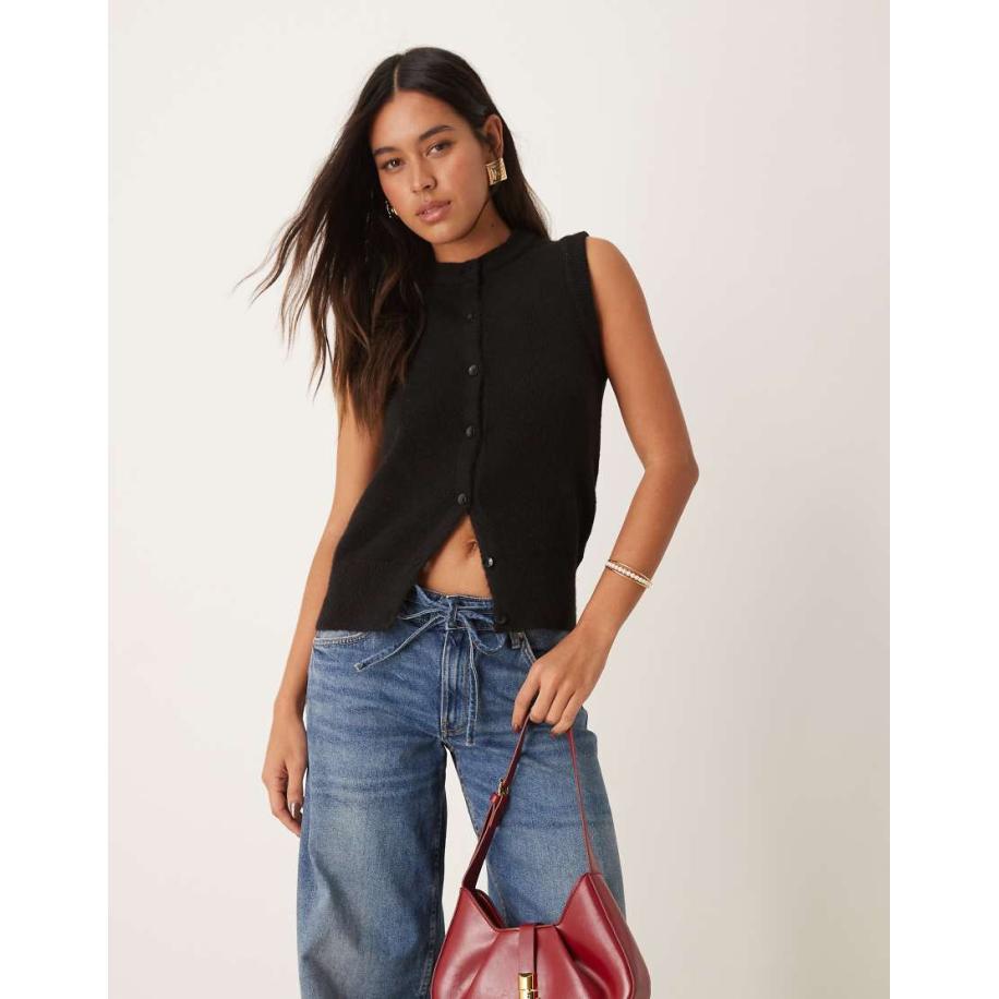 New Look Gebreid hemdje met knoopsluiting in zwart Zwart