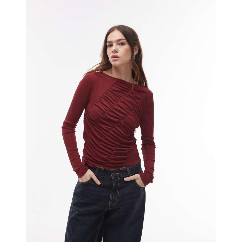 Topshop Gerimpelde top met lange mouwen in bordeauxrood Rood
